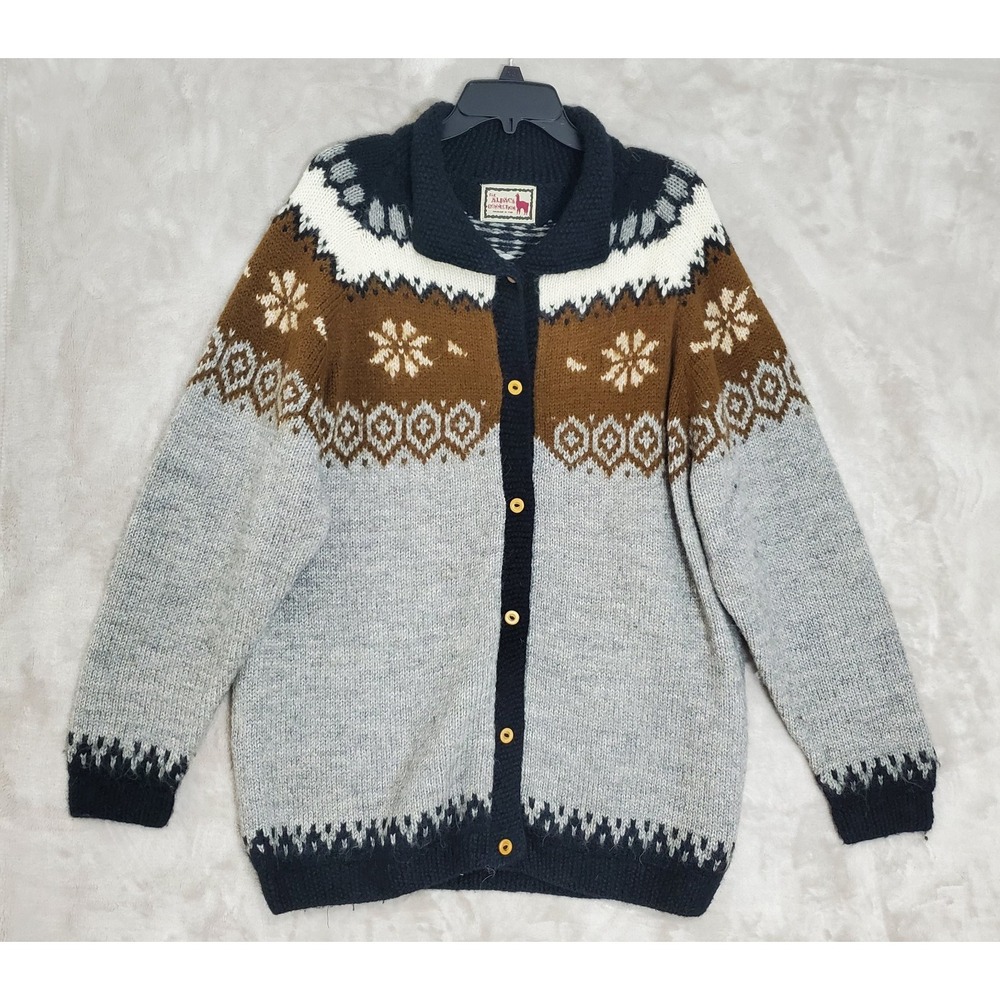 The Alpaca Connection Sweater L Knit Cardigan Alpaca Wool Buttons Fair Isle EUC